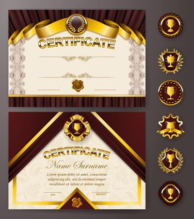Set of elegant templates of diploma with lace ornament, ribbon, wax seal, drapery fabric, badges, place for text. Certificate of achievement, education, awards, winner. Vector illustration EPS 10.のイラスト素材