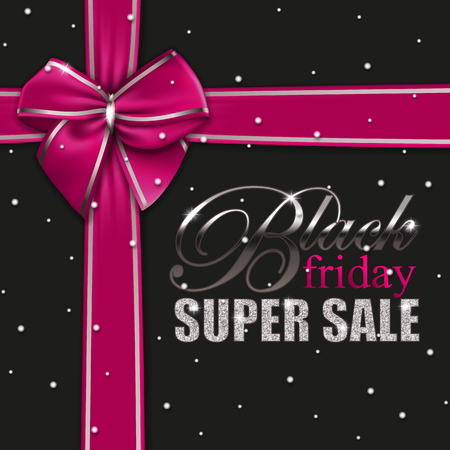 Black friday big super sale - inscription, letters with red ribbons, bow on dark background with snow for design, marketing, poster, flyer, web site, ads, card, invitation. Vector illustration EPS 10のイラスト素材