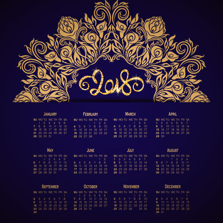 Vector business wall calendar on violet background with elegant floral elements. Floral filigree gold ornament, hand-drawn numbers 2018. Elegant template in vintage style, week starting from Sunday.のイラスト素材
