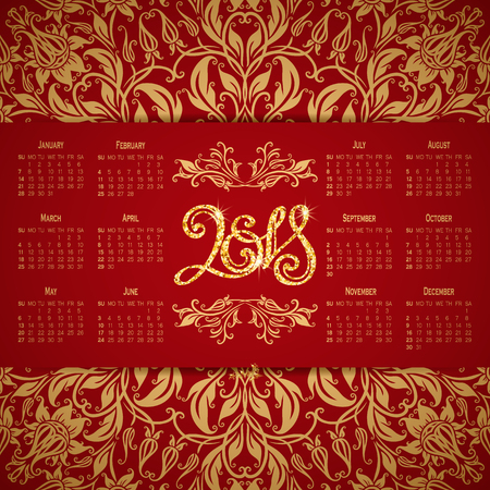 Vector business wall calendar on red background with elegant floral elements. Floral filigree gold ornament, hand-drawn numbers 2018. Elegant template in vintage style, week starting from Sunday.のイラスト素材