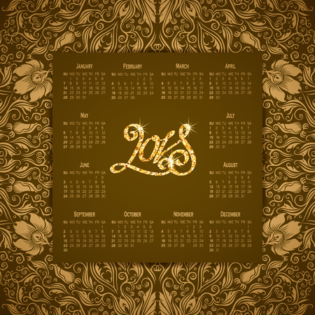 Vector business wall calendar on golden background with elegant floral elements. Floral filigree gold ornament, hand-drawn numbers 2018. Elegant template in vintage style, week starting from Sunday.のイラスト素材