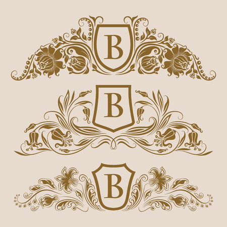 Set of golden royal shields with floral elements for page, web design. Filigree monograms, old frames, borders in vintage style for label, emblem, badge, logo, wedding card, invitation. Illustration.のイラスト素材