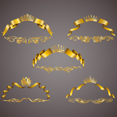 Set of gold vip monograms for graphic design on gray background. Elegant graceful frame, ribbon, filigree border, crown in vintage style for wedding invitations, card, icon. Vector illustration.のイラスト素材