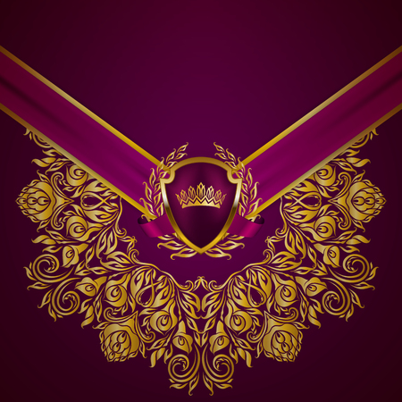 Royal background with ornament, shield, gold crown, ribbon, blazon, place for text in vintage style. Floral filigree elements, ornate for luxury gift card, menu, page, web design. Vector illustrationのイラスト素材