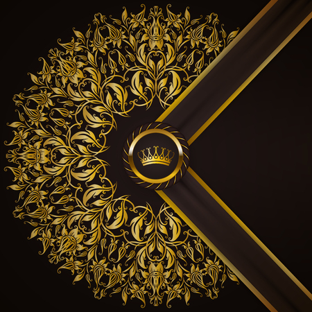 Royal background with ornament, shield, gold crown, ribbon, blazon, place for text in vintage style. Floral filigree elements, ornate for luxury gift card, menu, page, web design. Vector illustrationのイラスト素材