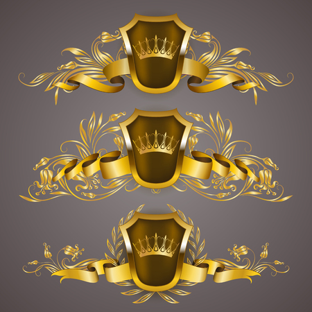 Set of golden royal shields with floral elements, ribbons, laurel wreaths for page, web design. Old frame, border, crown in vintage style for label, emblem, badge, logo. Vector illustration EPS10のイラスト素材