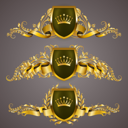Set of golden royal shields with floral elements, ribbons, laurel wreaths for page, web design.のイラスト素材
