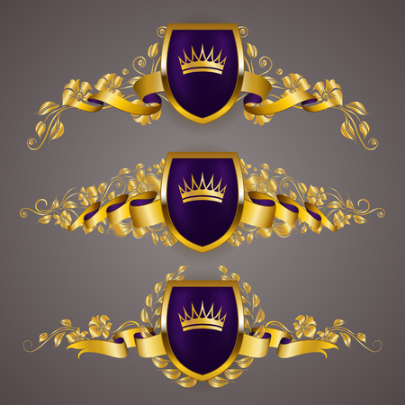 Set of golden royal shields with floral elements, ribbons, laurel wreaths for page, web design.のイラスト素材