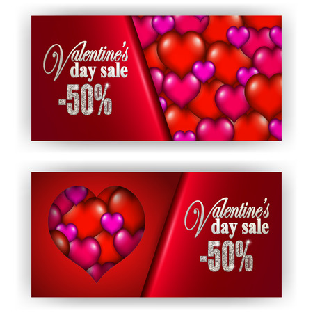 Set of gift vouchers with hearts for annual, festival sale. Valentine's day vector background. 3d realistic template mockup design for banner, poster, luxury invitation, greeting, gift card, ads.のイラスト素材