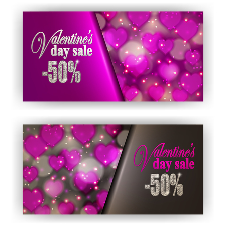 Set of gift vouchers with hearts, bokeh for annual, festival sale. Valentine's day vector background.のイラスト素材