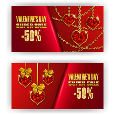Set of gift vouchers with red hearts, chains for annual, festival sale. Valentines day vector background. 3d realistic template mockup design for banner, poster, luxury invitation, greeting card, adsのイラスト素材