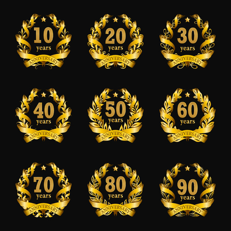 Set of gold anniversary badges with laurel wreaths, numbers. Decorative emblem of jubilee on black background. Filigree element, frame, border, icon, logo for web, page design in vintage styleのイラスト素材