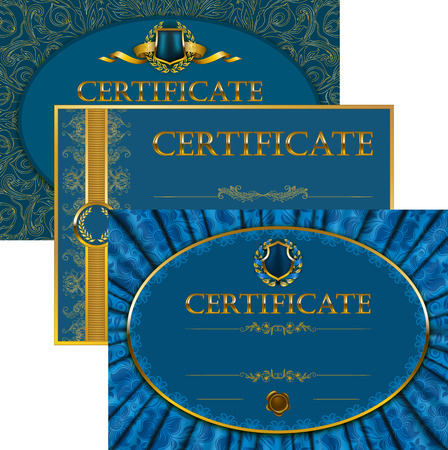 Set of elegant templates of diploma with lace ornament, ribbon, wax seal, drapery fabric, place for text. Certificate of achievement, education, awards, winner.のイラスト素材