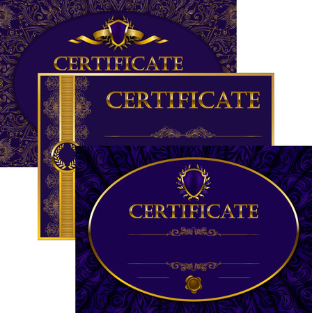 Set of elegant templates of diploma with lace ornament, ribbon, wax seal, drapery fabric, place for text. Certificate of achievement, education, awards, winner. Vector illustration EPS 10.のイラスト素材