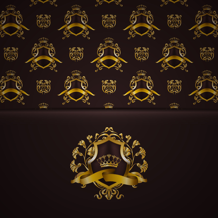 Elegant gold shield with gold crown, filigree decor on ornate brown background. Luxury floral seamless pattern, monogram, blazon in vintage style for page, site design, vip card. Vector illustration.のイラスト素材