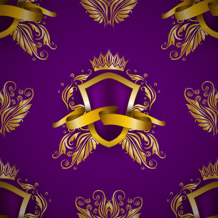 Golden royal shield with floral elements, ribbons, damask ornament on background for site, web design. Vector illustration.のイラスト素材