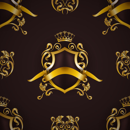 Golden royal shield with floral elements, ribbons, damask ornament on backgroundのイラスト素材