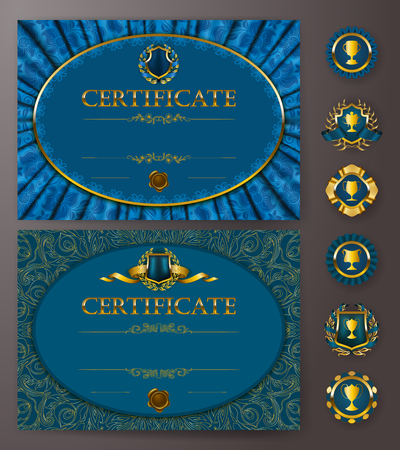 Set of elegant templates of diploma with lace ornament, ribbon, wax seal, drapery fabric, badges, place for text. Certificate of achievement, awards, winner. Vector illustrationのイラスト素材