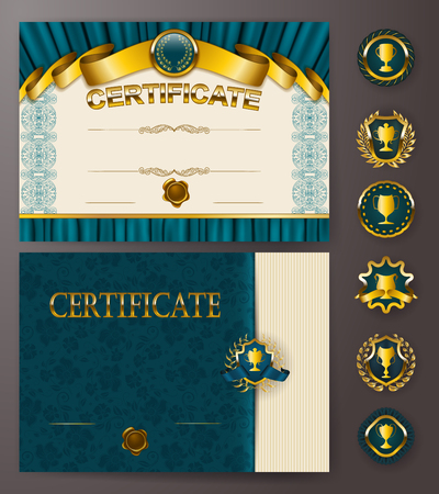 Set of elegant templates of diploma with lace ornament, ribbon, wax seal, drapery fabric, badges, place for text. Certificate of achievement, education, awards, winner. Vector illustration EPS 10.のイラスト素材
