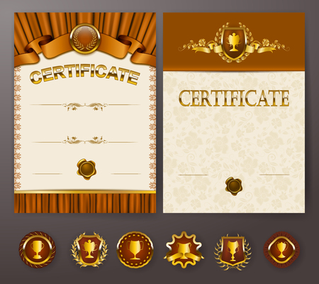 Set of elegant templates of diploma with lace ornament, ribbon, wax seal, drapery fabric, badges, place for text. Certificate of achievement, education, awards, winner. Vector illustration EPS 10.のイラスト素材