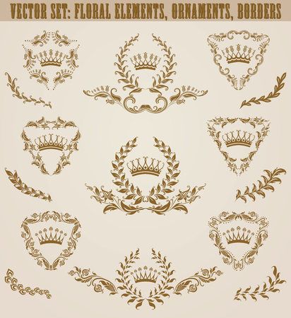 Set of golden monograms with floral elements for page, web design. Filigree royal shields, old frames, borders in vintage style for label, emblem, badge,  wedding card, invitation. Illustration.のイラスト素材