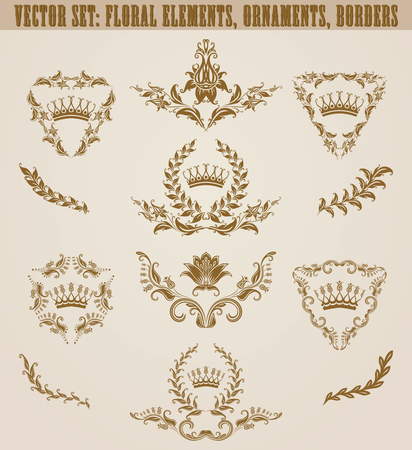 Set of golden monograms with floral elements for page, web design. Filigree royal shields, old frames, borders in vintage style for label, emblem, badge,  wedding card, invitation. Illustration.の写真素材