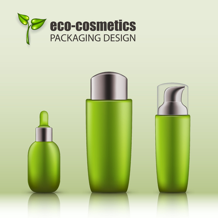 Set of realistic green glass bottles with silver cap for eco-cosmetic. Empty package for skincare cosmetic - face, eye cream jar, emulsion, lotion. Blank template, vector mockup for broshure, magazineのイラスト素材