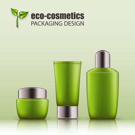 Set of realistic green glass bottles with silver cap for eco-cosmetic. Empty package for skincare cosmetic - face cream jar, emulsion, lotion. Blank template, vector mockup for broshure, ads, magazineの写真素材