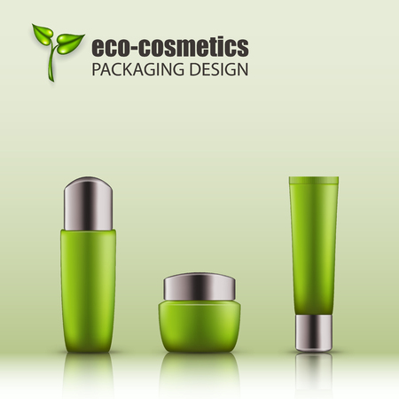 Set of realistic green glass bottles with silver cap for eco-cosmetic. Empty package for skincare cosmetic - face, eye cream jar, serum, gel. Blank template, vector mockup for broshure, ads, magazine.のイラスト素材
