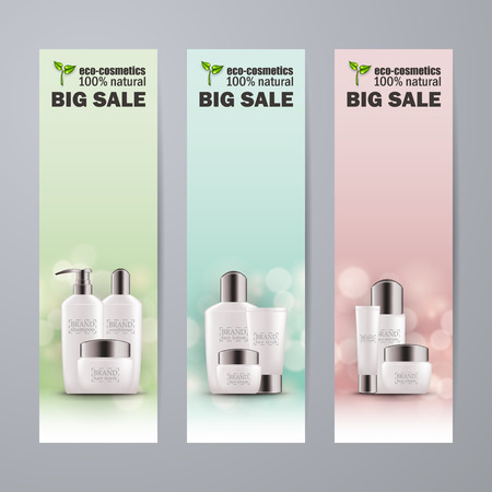 Set of realistic white glass bottles with silver cap for eco-cosmetic. Empty package for skincare cosmetic - face cream, emulsion, lotion. Blank template, vector mockup for site banners, ads, bookletの写真素材