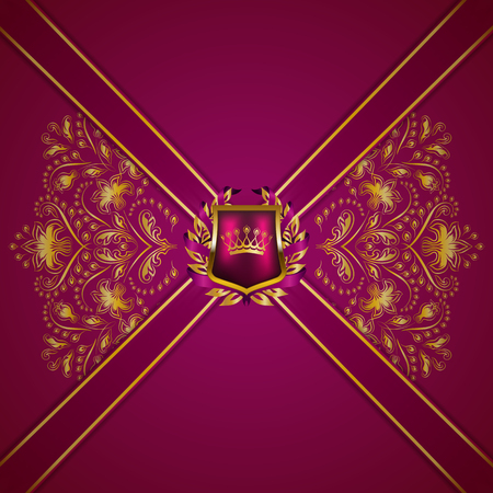 Royal background with ornament, shield, gold crown, ribbon, blazon, place for text in vintage style. Floral filigree elements, ornate for luxury gift card, menu, page, web design. Vector illustrationのイラスト素材