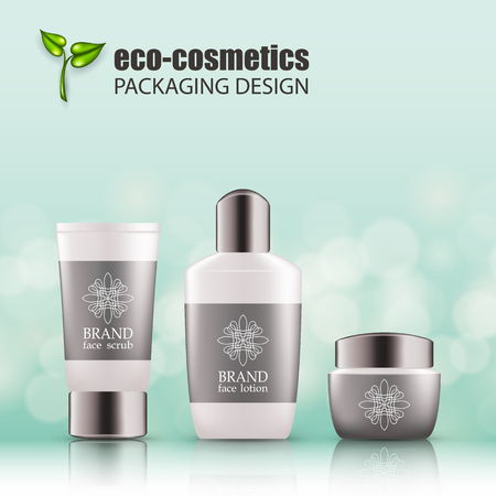 Set of realistic white glass bottle, silver cap for eco-cosmetic with line logo. Empty package for skincare cosmetic - face cream jar, emulsion, lotion. Blank template, vector mockup for ads, magazineのイラスト素材