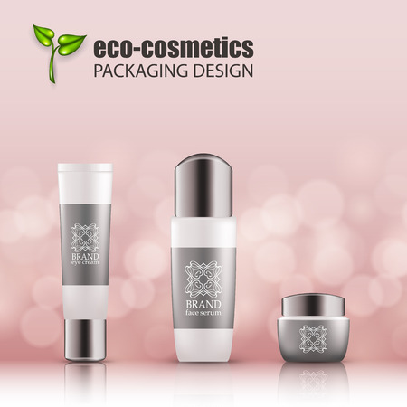 Set of realistic white glass bottles, silver cap for eco-cosmetic with line logo. Empty package for skincare cosmetic - face, eye cream jar, serum, gel. Blank template, vector mockup for ads, magazine.のイラスト素材