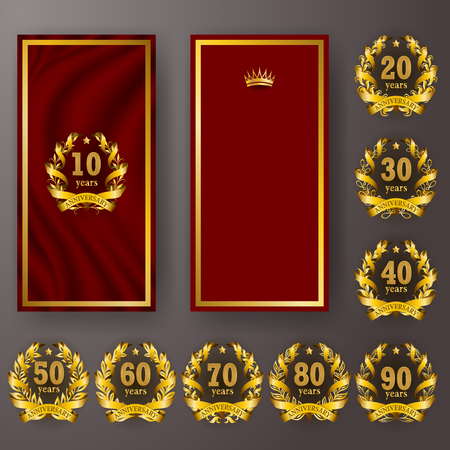 Set of anniversary card, invitation with laurel wreath, number. Decorative gold emblem of jubilee on red background. Filigree element, frame, border, icon, page design in vintage styleのイラスト素材