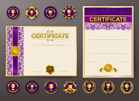 Set of elegant templates of diploma with lace floral ornament, ribbon, medals, badges, champion cups, place for text. Certificate of achievement, education, awards, winner. Vector illustration EPS 10.のイラスト素材