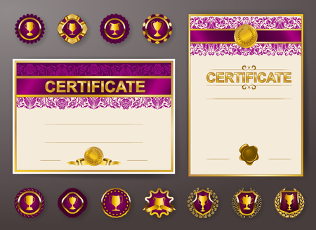 Set of elegant templates of diploma with lace floral ornament, ribbon, medals, badges, champion cups, place for text. Certificate of achievement, education, awards, winner. Vector illustration EPS 10.のイラスト素材