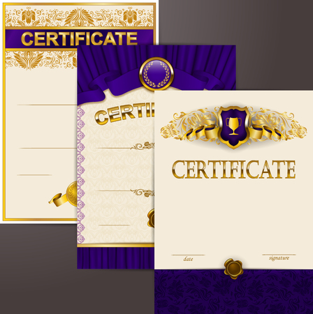 Set of elegant templates of diploma lace ornament, ribbon, wax seal, shield, gold laurel wreath, drapery fabric, place for text. Certificate of achievement, education, award, winner Vector illustrationのイラスト素材