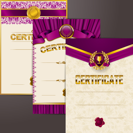 Set of elegant templates of diploma lace ornament, ribbon, wax seal, shield, gold laurel wreath, drapery fabric, place for text. Certificate of achievement, education, award, winner Vector illustrationのイラスト素材