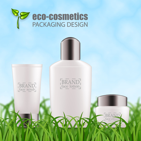 Set of realistic white glass bottles, silver cap for eco-cosmetic. Empty package for skincare cosmetic - face, eye cream jar, serum, gel. Blank template, vector mockup for ads, flyer, gift, promo cardのイラスト素材
