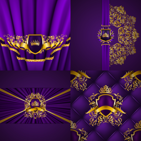 Set of luxury ornate backgrounds in vintage style. Elegant gold frame with floral elements, blazon, filigree ornament, gold crown, shield, ribbon, place for text, violet texture. Vector illustrationのイラスト素材