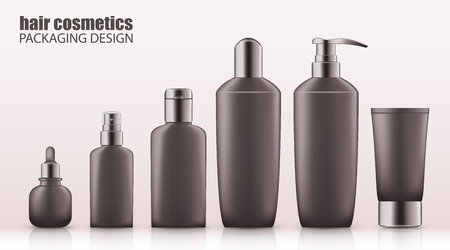 Set of realistic gray bottles with silver cap for hair cosmetics. Empty package for haircare cosmetic - shampoo, conditioner, mask, spray. Blank template, vector mockup for broshure, ads, magazine.のイラスト素材