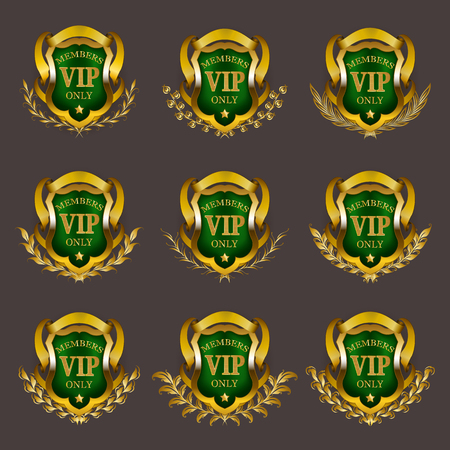 Set of gold vip monograms for graphic design on gray background. Elegant graceful frame, filigree border, laurel wreath, shields in retro style for invitation, card, logo, icon. Vector illustrationのイラスト素材