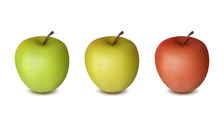 Three apples isolated on white background. Red, yellow and green realistic fruits with shadows. 3D vector illustration, mockup, template for ads, promo, icon, magazine, poster, page, web designのイラスト素材
