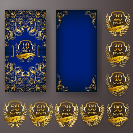Set of anniversary card, invitation with laurel wreath, numbers. Decorative gold emblem of jubilee on blue background. Filigree element, frame, border, icon, page design in vintage styleのイラスト素材