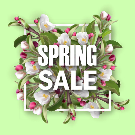 Spring sale square banner with flowering branches. 3d Realistic green leafs, pink fresh flowers. Blank template, vector mockup for site banner, ads, booklet, poster, flyer. Special discounts, offersのイラスト素材