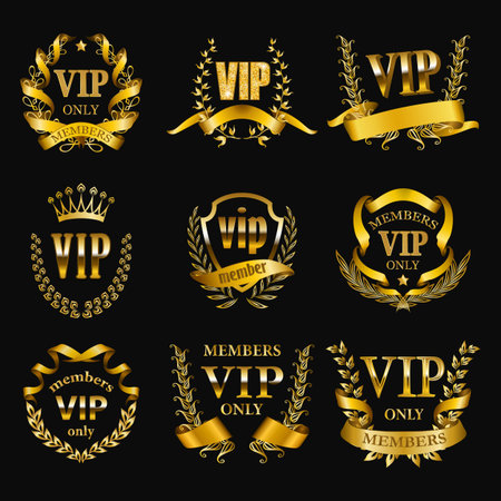 Set of gold vip monograms for graphic design on black background. Elegant graceful frame, filigree border, golden ribbons in retro style for wedding card, invitation, logo, icon. Vector illustrationのイラスト素材