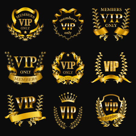 Set of gold vip monograms for graphic design on black background. Elegant graceful frame, filigree border, golden ribbons in retro style for vip card, party invitation, logo, icon. Vector illustrationのイラスト素材