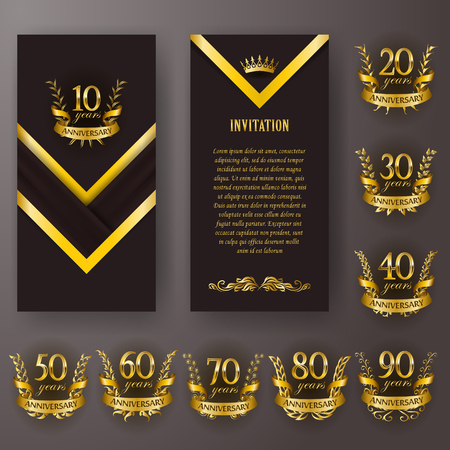 Set of anniversary card, invitation with laurel wreath, number. Decorative gold emblem of jubilee on black background. Filigree element, frame, border, icon, logo for web, page design in vintage styleのイラスト素材