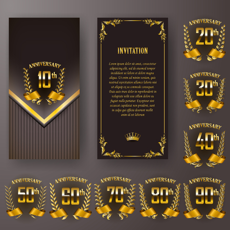 Set of anniversary card, invitation with laurel wreath, number. Decorative gold emblem of jubilee on black background. Filigree element, frame, border, icon, logo for web, page design in vintage styleのイラスト素材