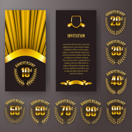 Set of anniversary card, invitation with laurel wreath, number. Decorative gold emblem of jubilee on black background. Filigree element, frame, border, icon, logo for web, page design in vintage styleのイラスト素材